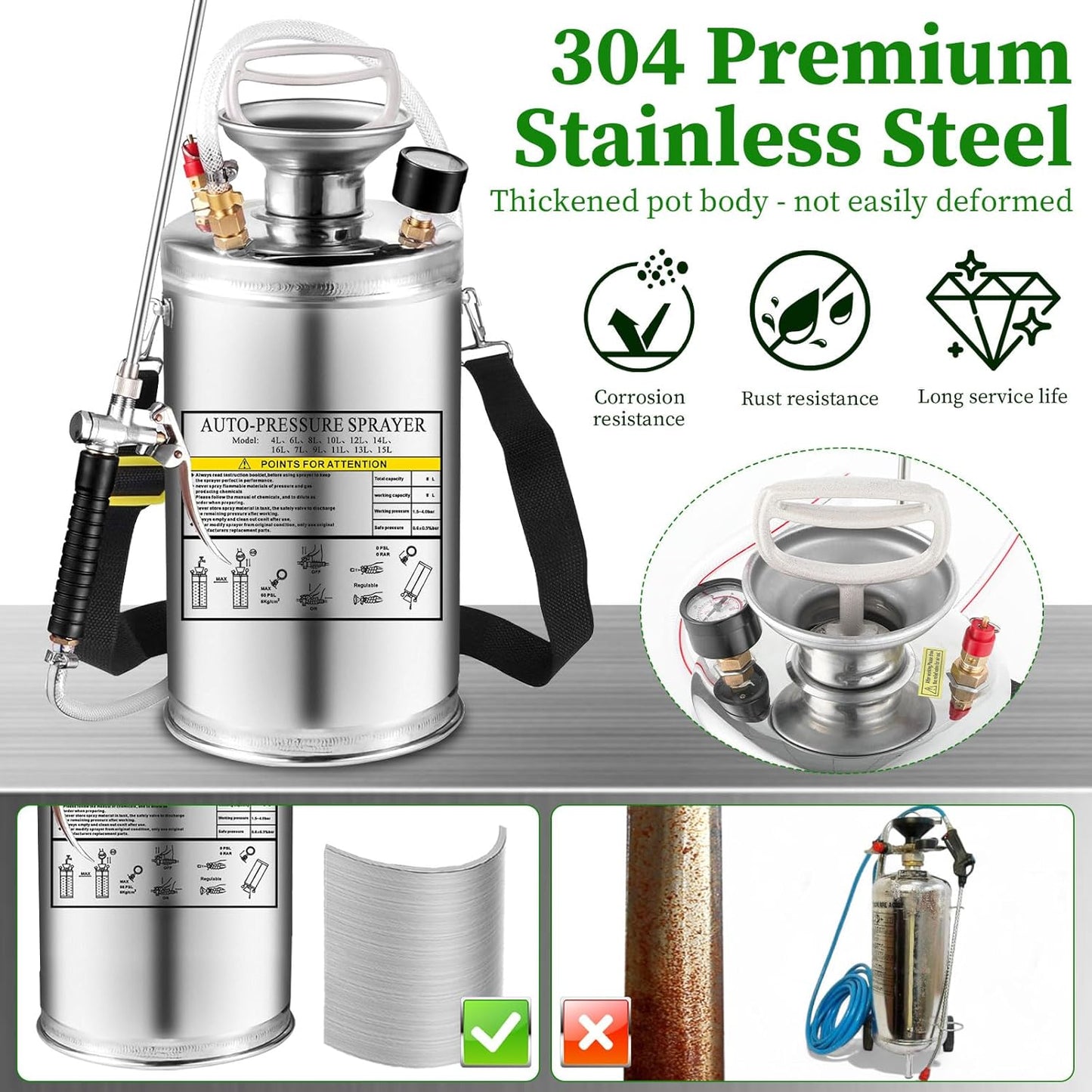 2Gal Stainless Steel Pump Up Sprayer Reinforced Hose, Hand Pump Sprayer with Pressure Gauge&Safety Valve, Adjustable Nozzle Suitable for Gardening (2 Gallon)