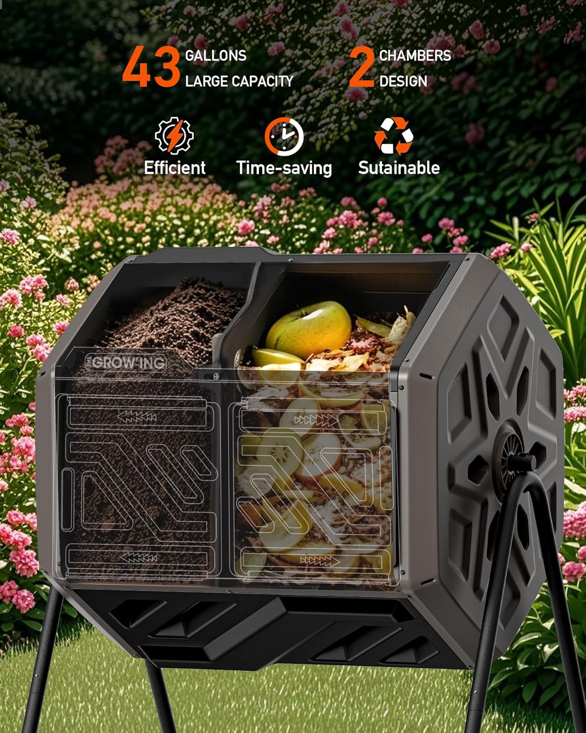 THEGROW'ING Updated 43 Gallon Compost Bin Outdoor, Fast Assemble Tumbling Composter, Dual Chamber Composter Tumbler, Rotating Compost Bin for Outside, Backyard, Garden and Yard, Coffee