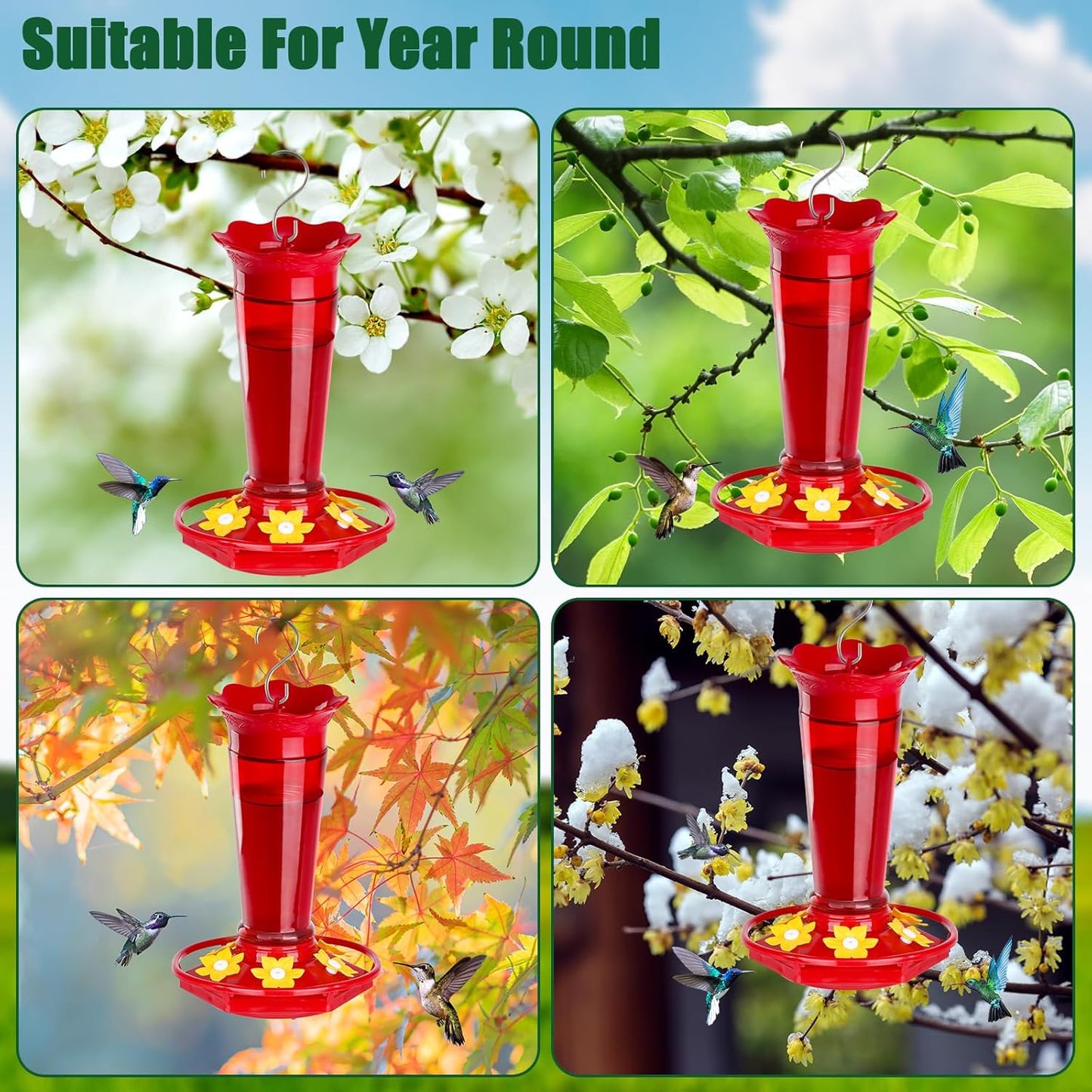 10 OZ Glass Hummingbird Feeders for Outdoors Hanging - Red 2 Pack, Ant & Bee Proof and 6 Feeding Ports, Garden Yard Décor Gifts for Mom