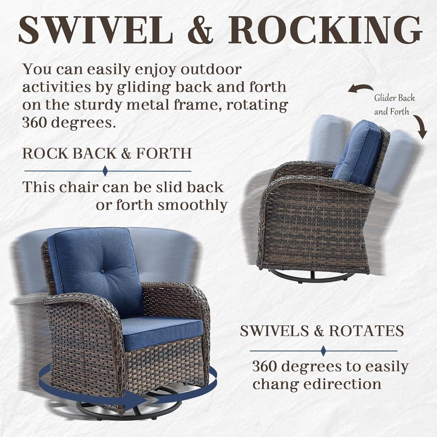 HUMMUH 5 Pieces Wicker Patio Furniture Set,Outdoor Swivel Gliders Rocker,Patio Ottomans,Glass Top Side Table,Outdoor Conversation Set for Porch Deck Backyard Poolside