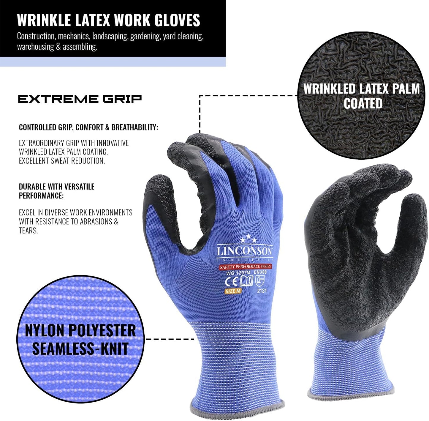 linconson 12 Pack Safety Performance Series Construction Mechanics Wrinkle Latex Work Gloves