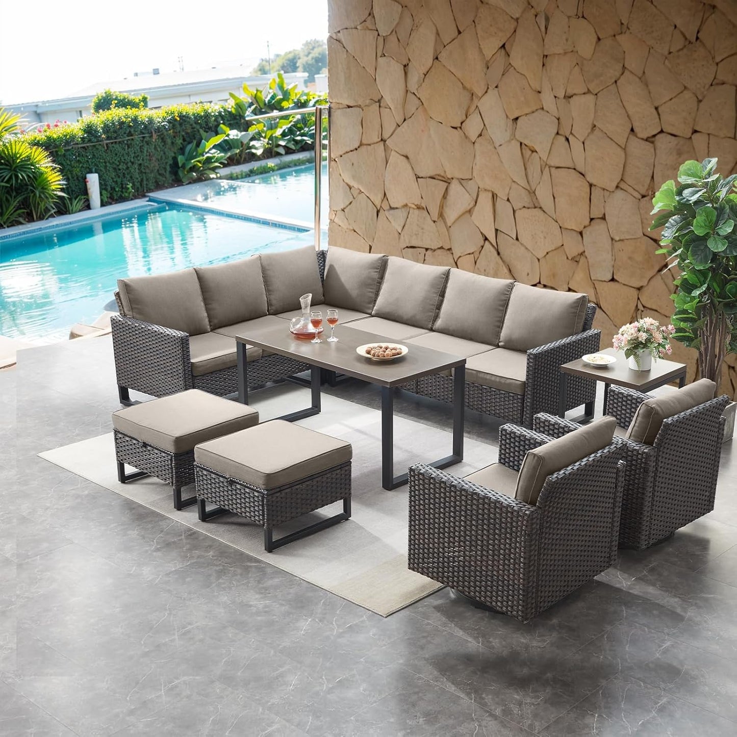 HUMMUH 10 Piece Patio Furniture Set PE Wicker 3 Outdoor Sectional Sofa Set with Patio Swivel Chairs Dinning Table Ottomans for Porch,Garden,Backyard,Deck(Brown/Grey)