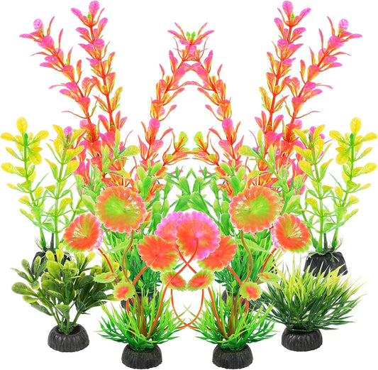 AQUANEAT Artificial Fish Tank Plants, Plastic Aquarium Decorations, Pink Accessories, 10pcs