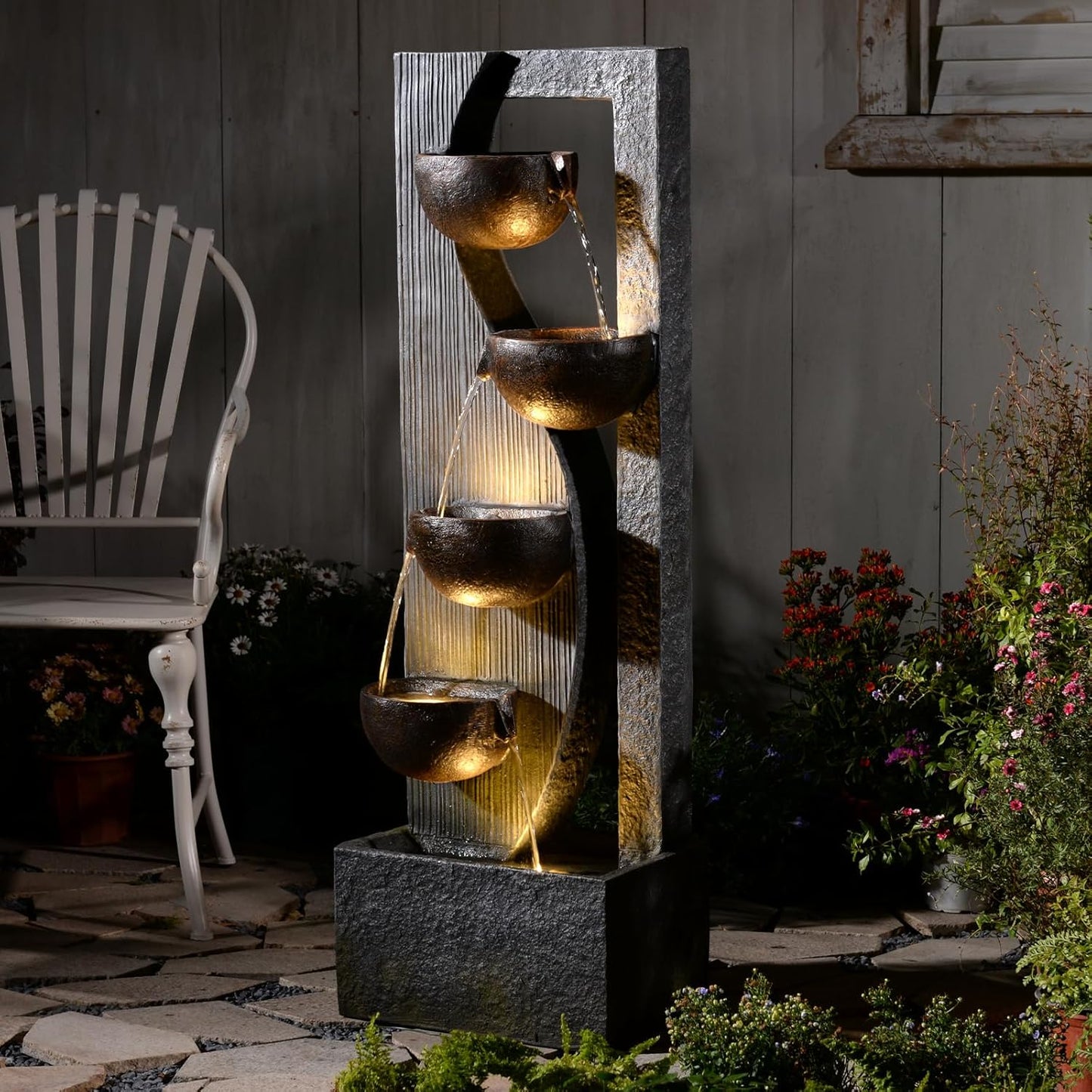 5-Tier Cascading Outdoor Fountain with LED Lights, 49.2" Tall Resin Waterfall Fountain for Garden, Patio, Backyard - Freestanding Water Feature