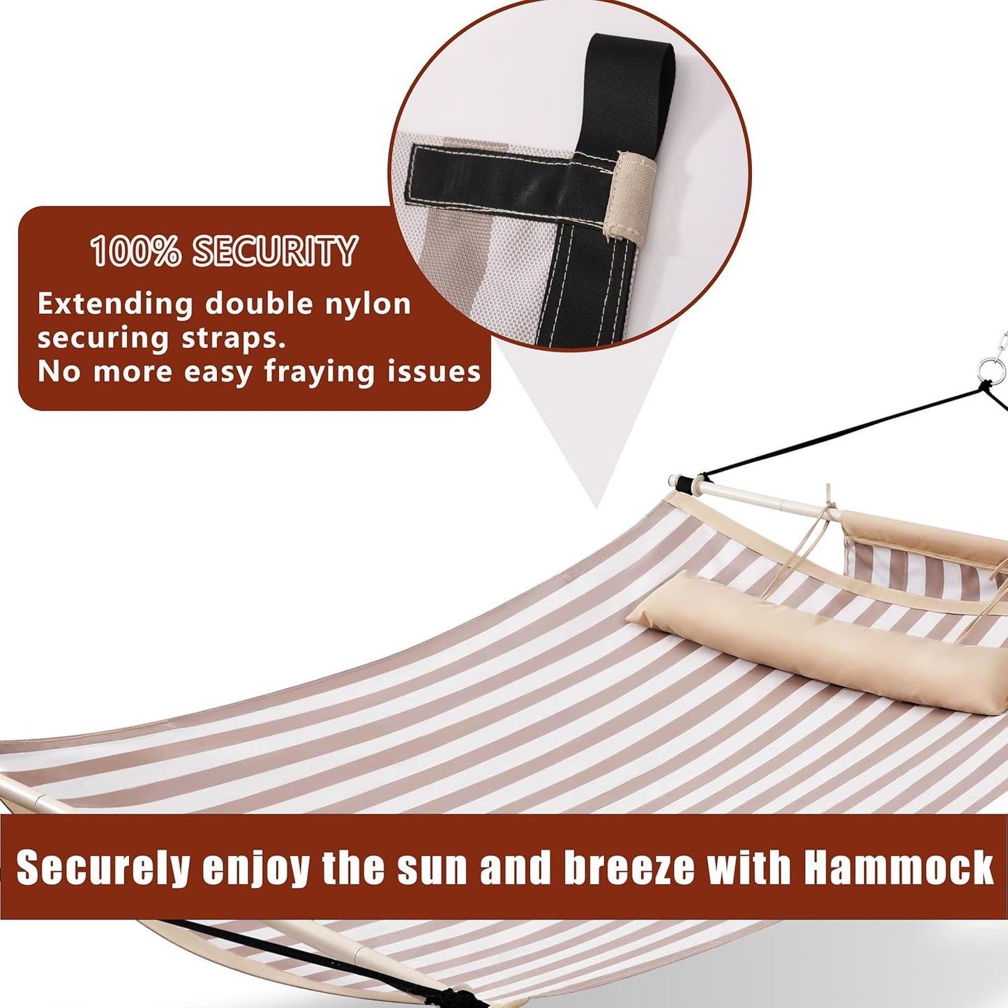 TegerDeger Anti-flip 12FT Hammock Large Hammock 450LB Capacity with Iron Spreader Bar & Nylon Rope for Outside, Patio, Garden, Backyard, Beach - Beige Strips