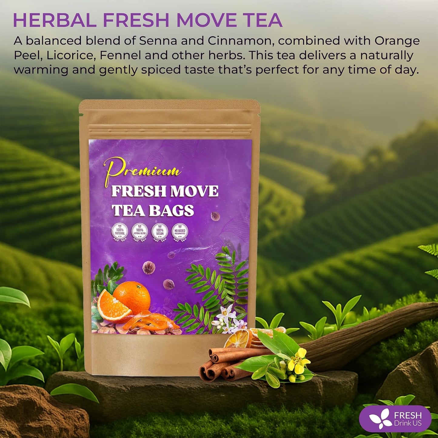 FreshDrinkUS, Fresh Move Tea – 75 Tea Bags - Herbal Tea Blend with Senna Leaves, Cinnamon, Orange Peel, Ginger & More – Caffeine-Free, Natural Ingredients – Smooth Flavor for Everyday Enjoyment