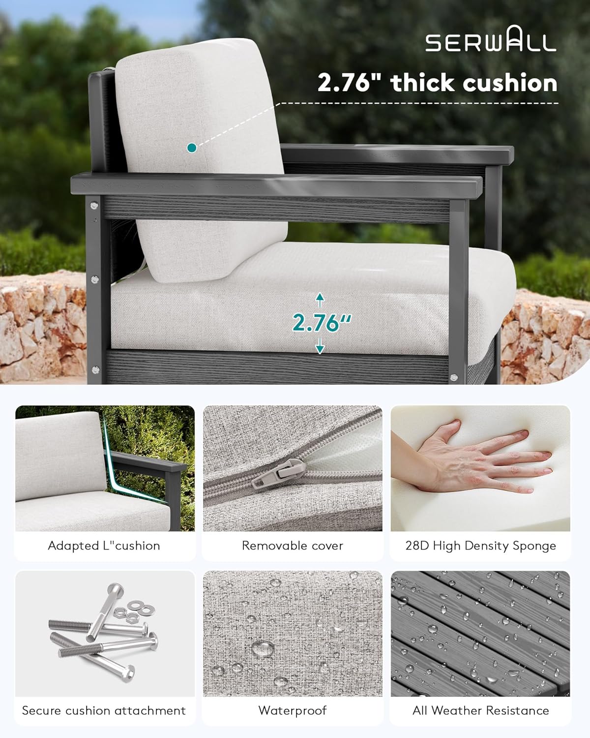 SERWALL 5 Pieces HDPE Outdoor Sofa Set with Cushions, All Weather Use Patio Conversation Couch Loveseat Furniture with Coffee Table for Balcony, Deck, Poolside, Grey Frame with Khaki Cushions