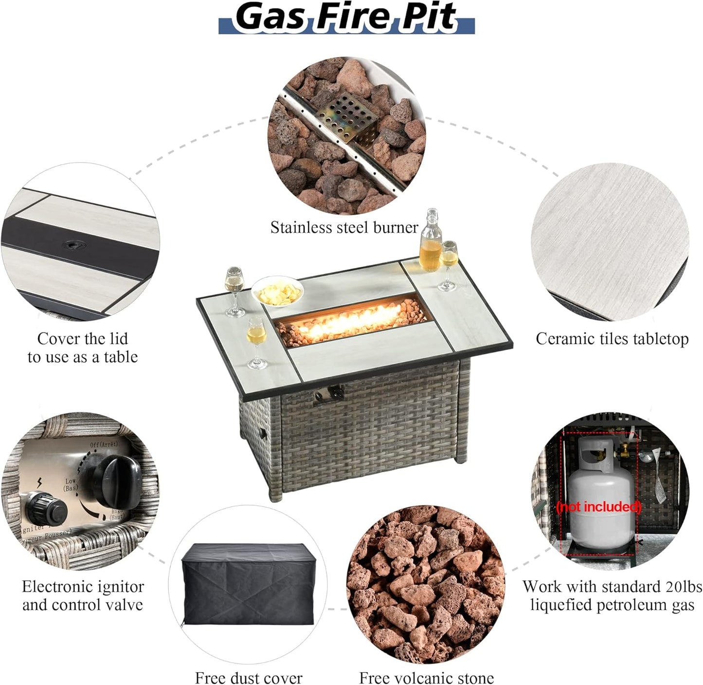 HOOOWOOO 13 Piece Modular Patio Outdoor Sectional Furniture Set with Gas Propane Fire Pit Table,Wicker Conversation Sofa Set,Out Door Couch Set with Wide Arm Outside(Denim Blue)