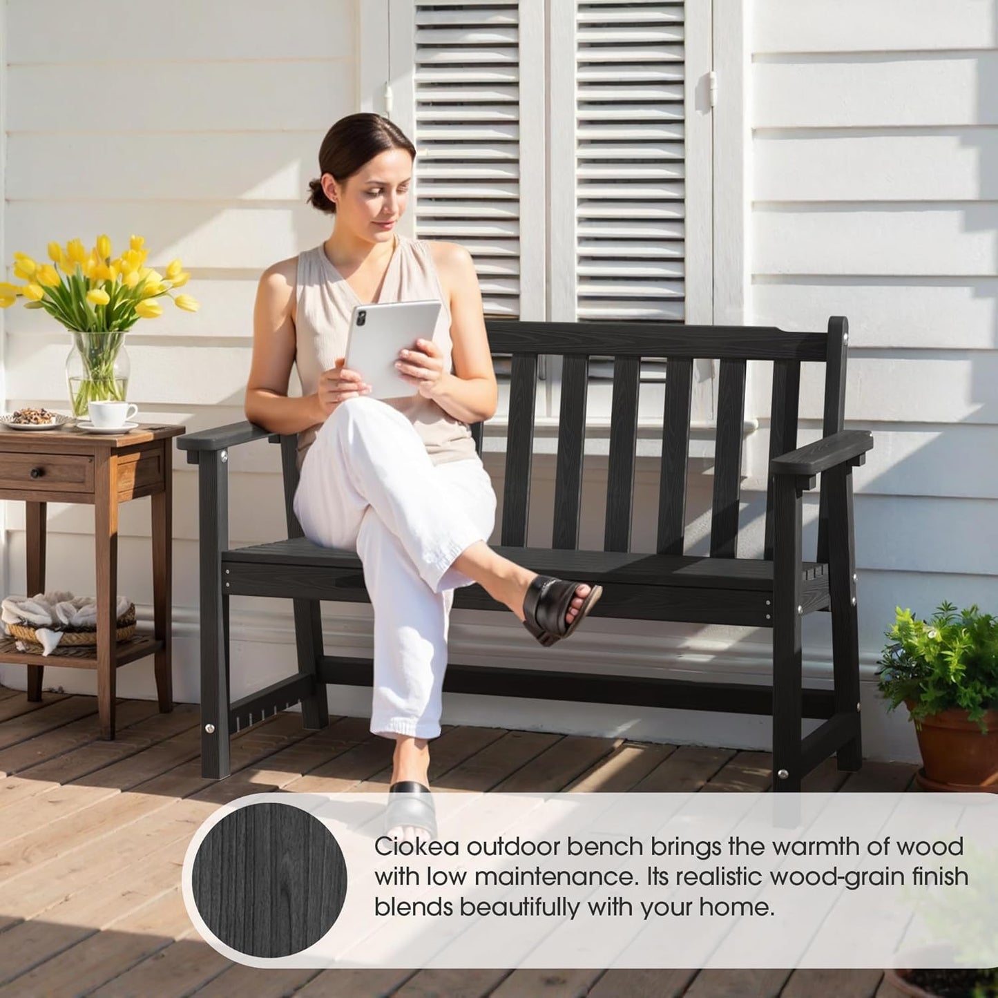 Ciokea 44" Outdoor Bench, HDPE Weatherproof Garden Bench, 2-Person Porch Benches with 550 Lbs, Waterproof Patio Benches for Outside Balcony Deck Backyard, Black