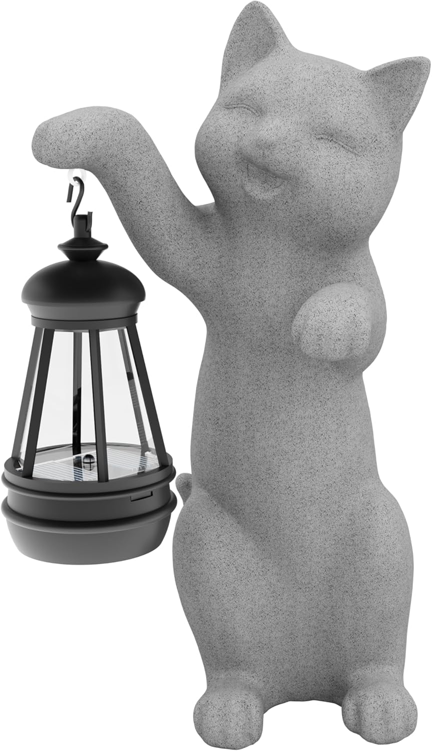 Garden Decoration, Figurine, Lawn Statue, Sculpture Ornament, Animal Figurine - Cat Resin Statue with Lantern (Hand)