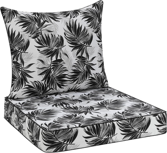Favoyard Outdoor Seat Cushion 22 x 22 x 3 in Waterproof Pattern Fade Resistant Cover Removable Patio Furniture Cushions Deep Seat & Back Cushion Set with Adjustable Straps for Patio Chair Sofa Couch