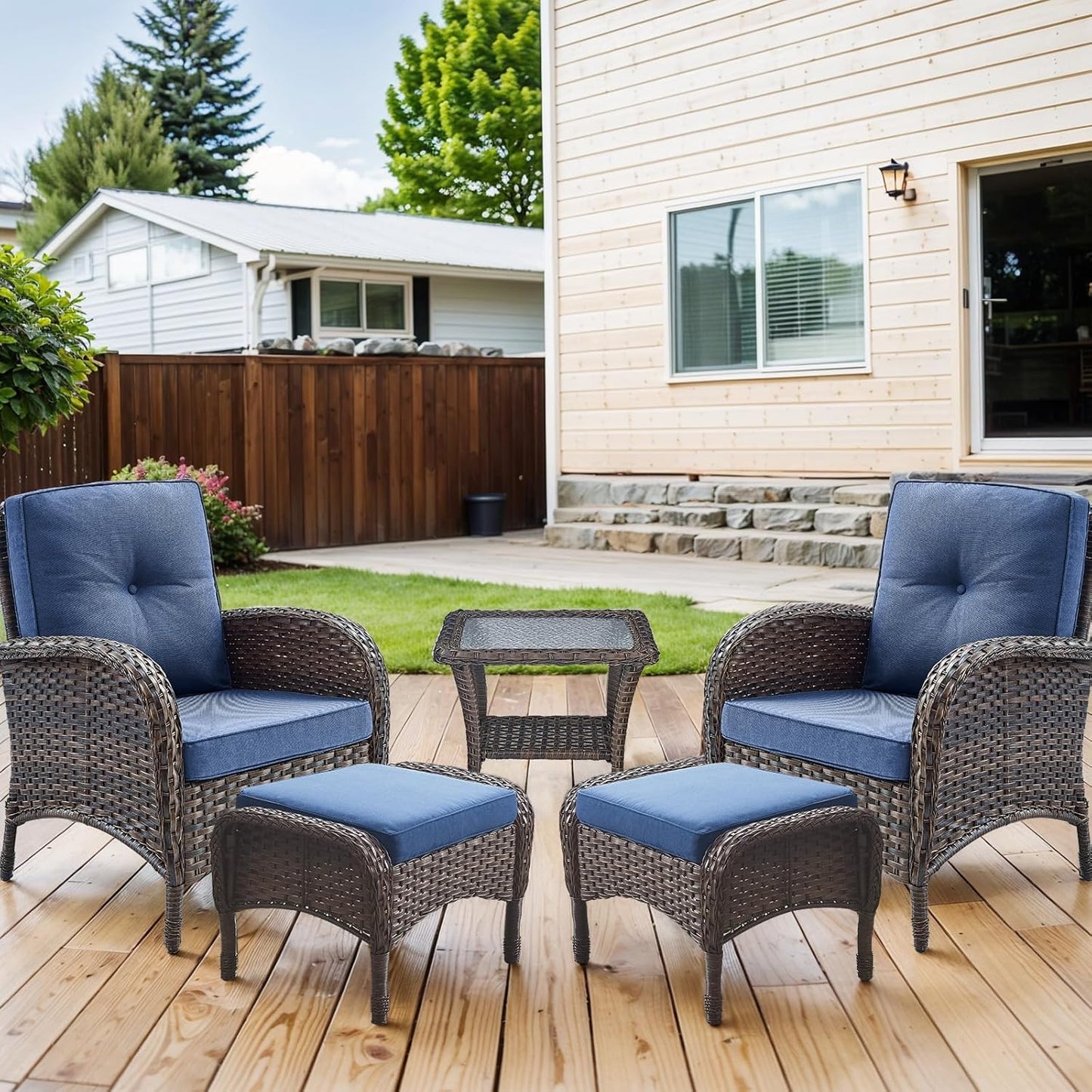 HUMMUH 5 Pieces Patio Furniture Set Wicker Outdoor Bistro Chairs with Ottomans Glass Top Side Table,Outdoor Conversation Set for Porch Deck Backyard Poolside