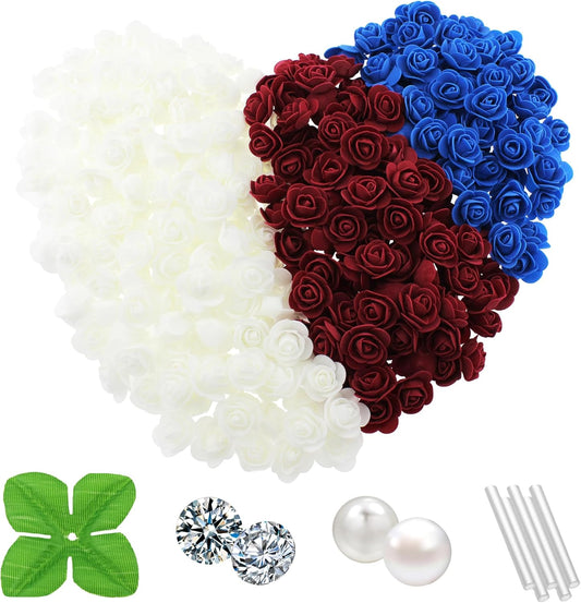 500 Pcs 1.4 Inch Mini Artificial Flowers Head Bulk 5 in 1 Set Faux Foam Fake Small Rose Tiny Baby Flores Bouquet Cake Gift Home Decoration DIY Craft (Red, Blue, White Mixed)