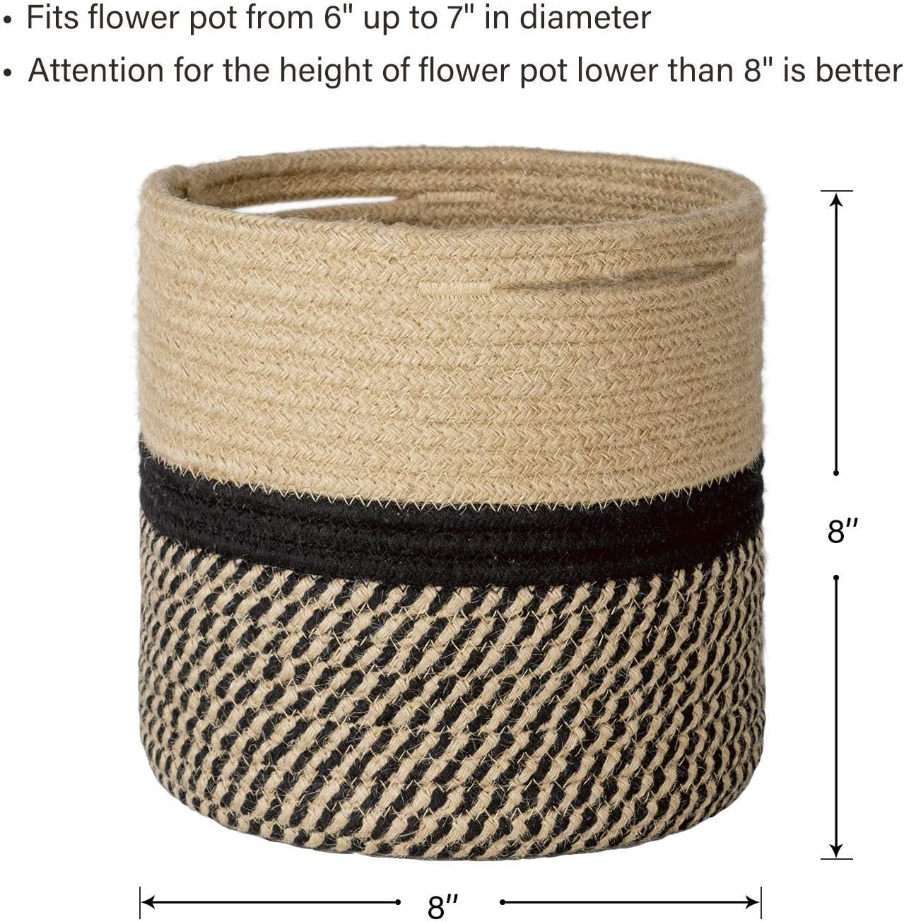 TIMEYARD Sturdy Jute Rope Plant Basket Modern Woven Basket up to 7.5 Inch Flower Pot Floor Indoor Planters, 8” x 8” Storage Organizer Baskets Rustic Home Decor, Black Stripes