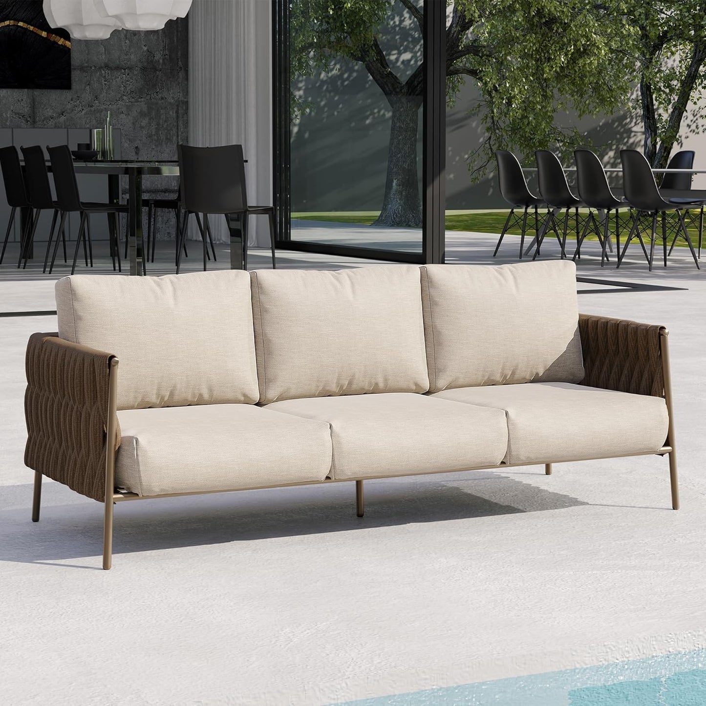EAST OAK Life Chatter Outdoor Patio Furniture | Outdoor Sofa 3 Seats with Waterproof Thick Cushions | Deep Seating Modern Patio Sofa for Garden, Porch, Balcony & Backyard | Chestnut & Apricot