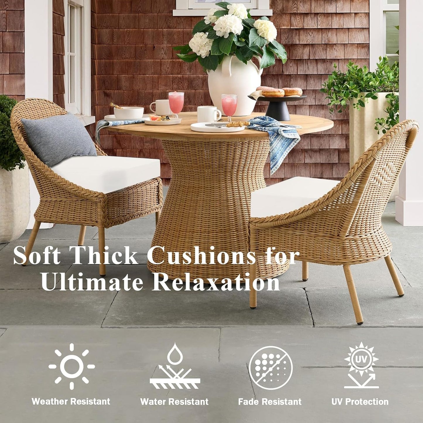Outdoor Chair Cushions Set of 2, Waterproof Foam Patio Seat Cushions with Ties for Garden Sofa & Dining Furniture, 3-Year Color Fastness, 16x17x2 Inch, Beige