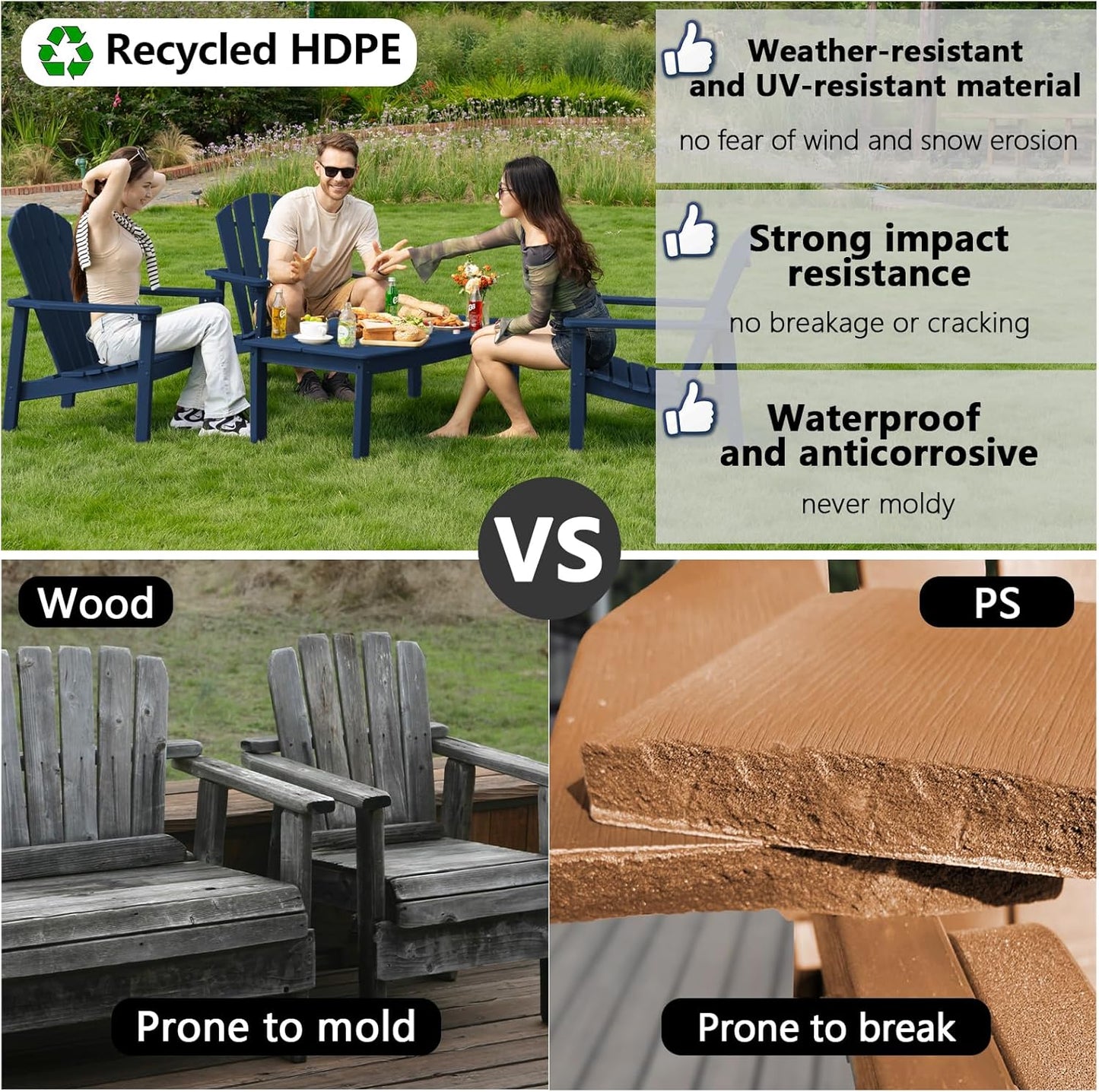 Stackable Adirondack Chair Set of 4, HDPE Outdoor Patio Chair - Durable and Space Saving, Suitable for Porches, Lawns or Garden, Navy