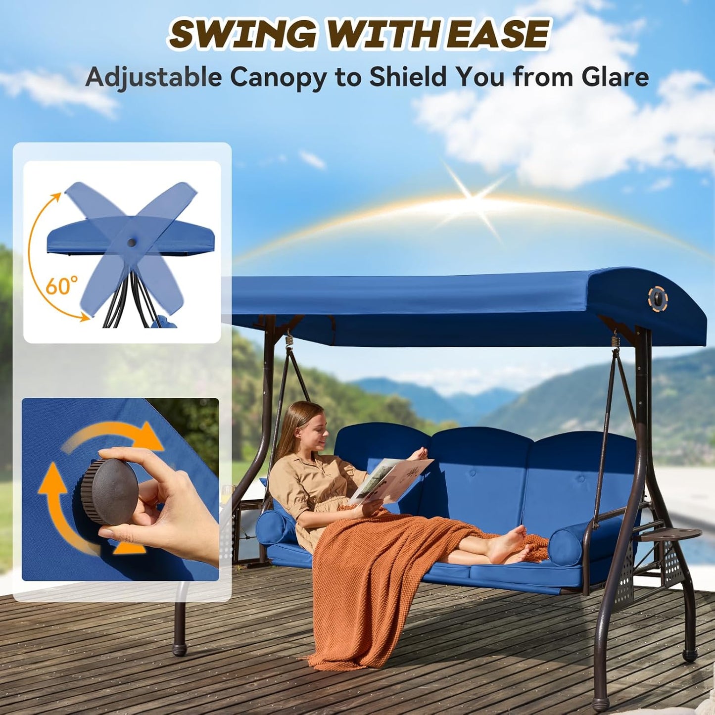 3 in 1 Outdoor Porch Swing with Adjustable Canopy, 3 Seat Outdoor Swing for Adults, Patio Swing Chair with Thickened Cushions,Pillows & Cup Holders for Backyard, Porch, Garden (Blue)