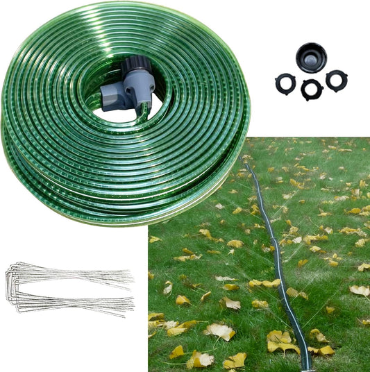 50 FT Flat Sprinkler Hose for Lawn Watering Garden Soaker Hose with Holes, Heavy Duty Lightweight No-Kink Water Hose with Stakes, Irrigation Hose, Great Fun for Kids and Dog