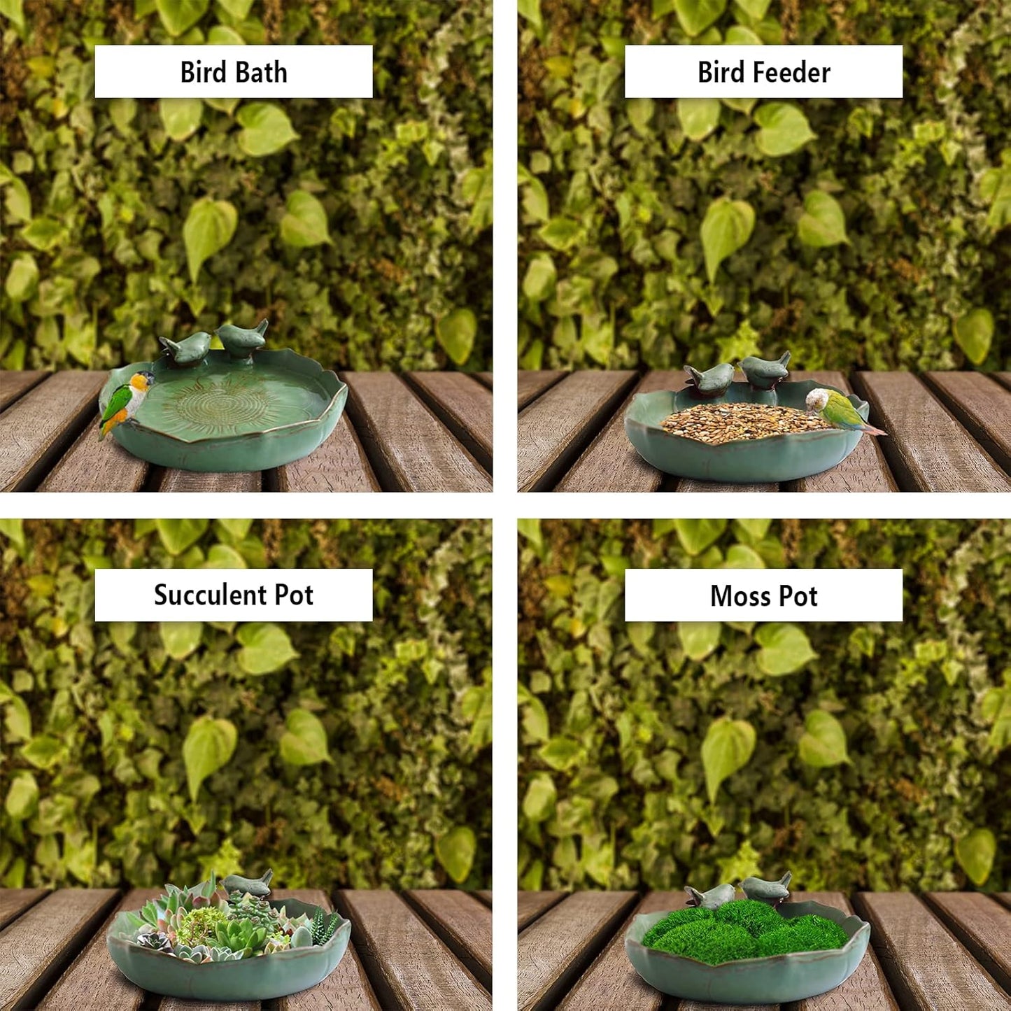 Light Green Ceramic Heavy Duty Wild Bird Bath Bowl or Feeder for Outdoor Garden, Bowl Only