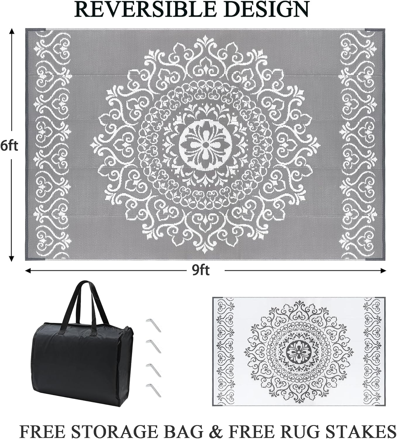 Pauwer Waterproof Outdoor Rug 6x9, Reversible Plastic Straw Patio Camping Rug, Indoor Outdoor RV Mat Carpet for Deck, Camper, Porch, Balcony, Backyard, Picnic, Floral Grey