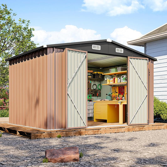 10x10 FT Outdoor Storage Shed, Utility Steel Tool Shed with Lockable Door and Air Vents, Galvanized Metal Shed for Garden Backyard Patio Lawn (10'x10', Brown)