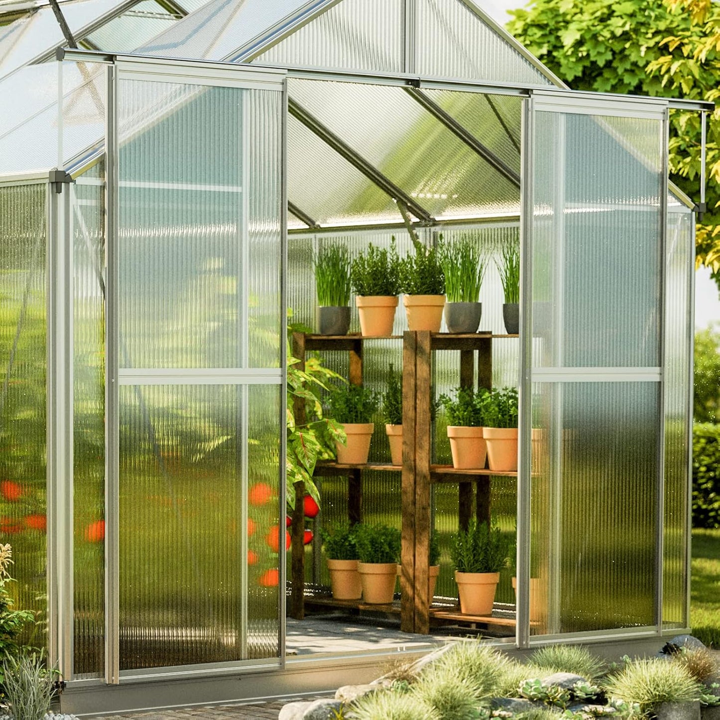 Greenhouse Topas 7 Aluminum Frame 7.4 x 14.7 ft Approx. 6 mm Polycarbonate Panels - with Bonus Base Frame and Automatic Vent Opener
