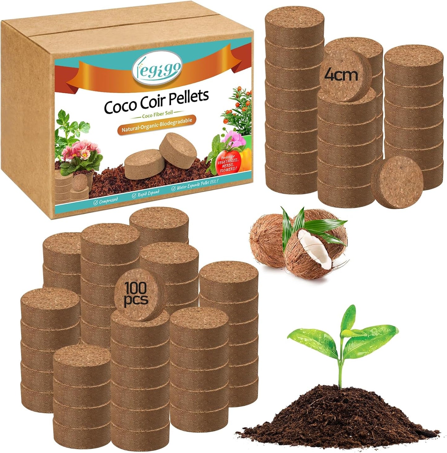 Legigo 100 Pcs 40mm Organic Coco Coir Pellets for Plants- Compressed Coconut Coir Potting Soil, Coco Fiber Pellets Coco Coir Soil for Planting, Garden, Bonsai, Herbs, Flower & Vegetables