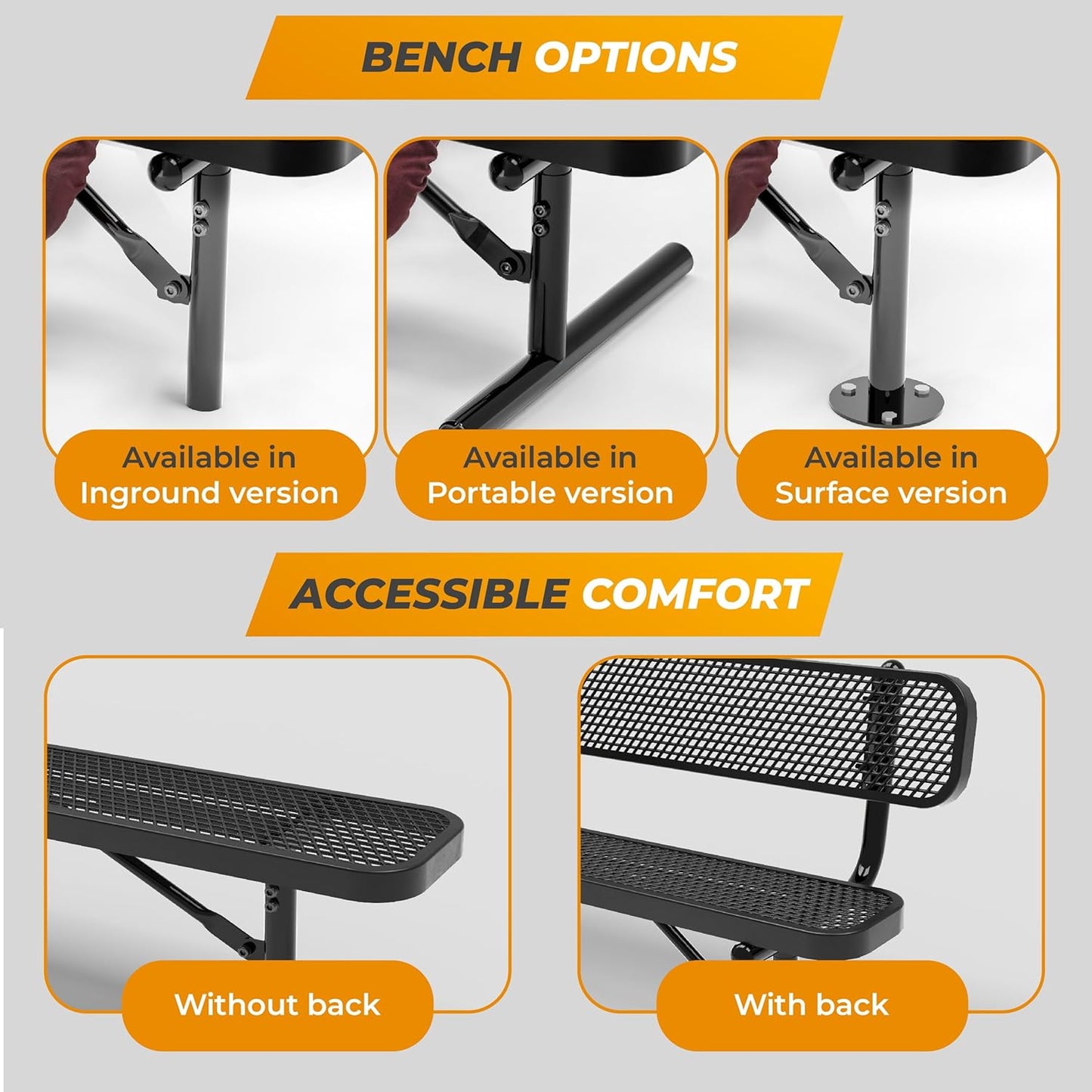 Heavy-Duty Outdoor Metal Bench, Thermoplastic-Coated, Surface, Weatherproof, Commercial-Grade for Parks, Gardens, Patios, Stores & More (8 Ft - Surface with Back, Black)