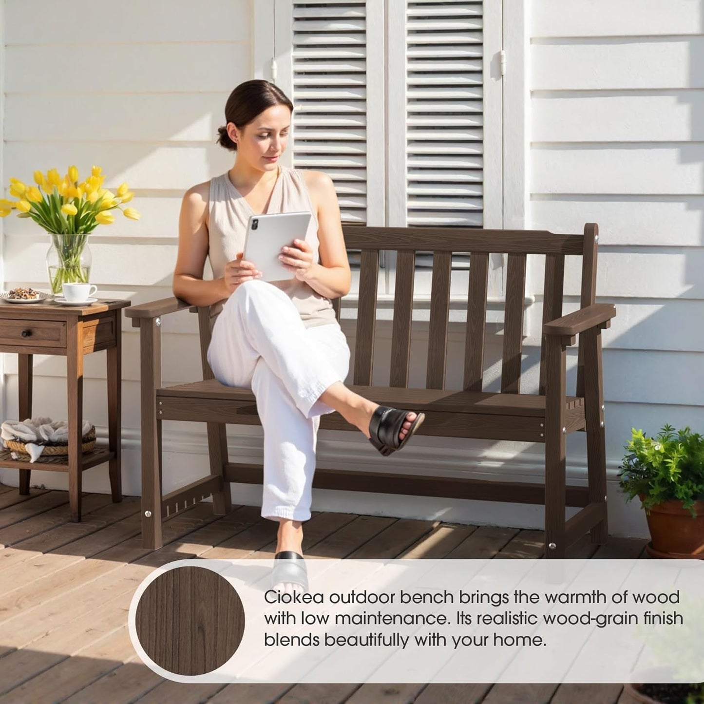 Ciokea 44" Outdoor Bench, HDPE Weatherproof Garden Bench, 2-Person Porch Benches with 550 Lbs, Waterproof Patio Benches for Outside Balcony Deck Backyard, Brown