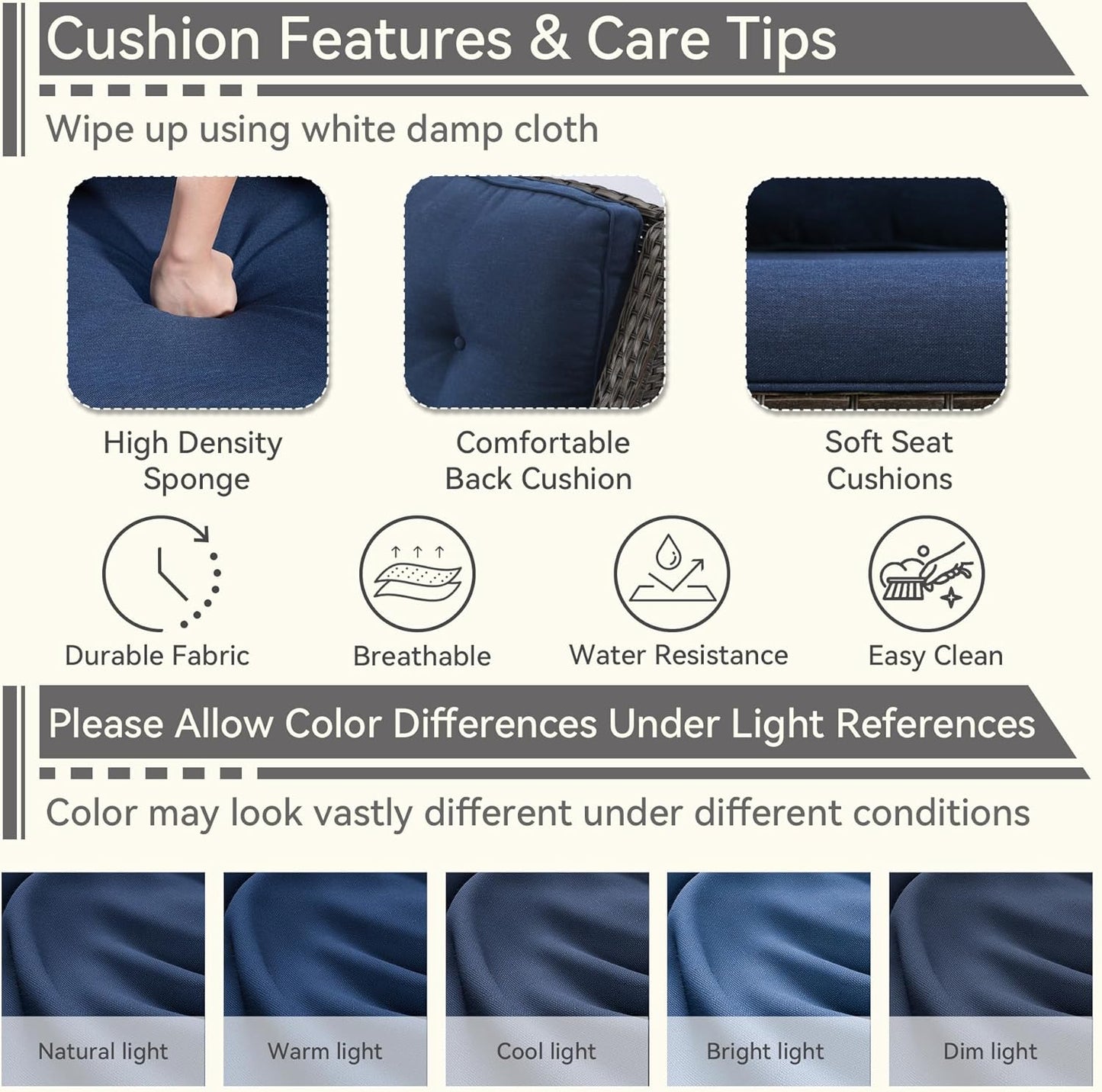 5 Pieces Patio Conversation Set, Wicker Chairs Set of 2 and Two Ottomans with 3.5-inch Seat Cushions, 1 Side Table High Back and Curved Armrest for Backyard, Balcony and Deck, Blue