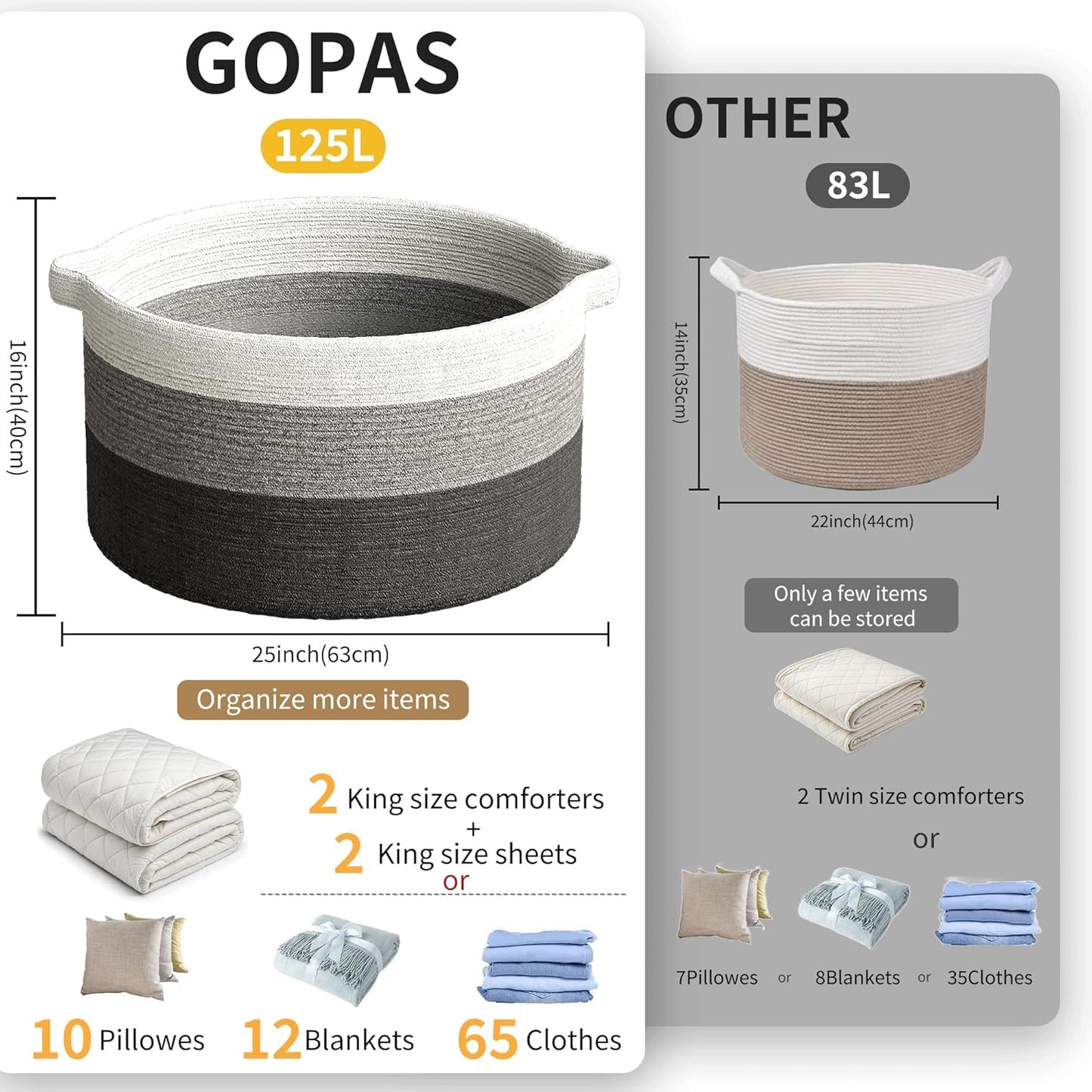 125L Extra Large Blanket Basket, 25" x 16", Jumbo Laundry Woven Baskets Decorative Home, Cotton Rope Basket with Handles, Baby Toy Baskets for Storage, Gradual Gray, 2PC