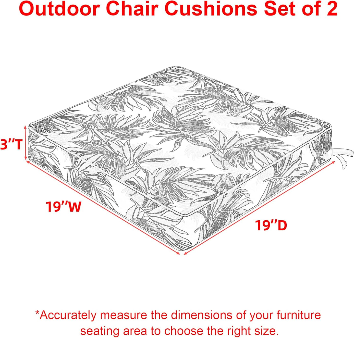 Favoyard Outdoor Chair Cushion 19 x 19 x 3 In Waterproof Pattern Fade Resistant Cushions for Patio Furniture with Removable Cover Attach Straps 28D Foam Insert Cushions Pads for Seat Sofa Couch 2 Pack