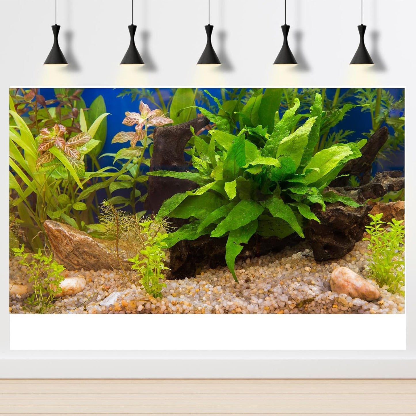 Aquarium Backdrop Underwater Grass Leaves Pebble Aquarium Background Vivid and Fresh Green Aquatic Plant Stone River Bed Fish Dead Wood Leaves Tank Background Decors Vinyl 24x12in