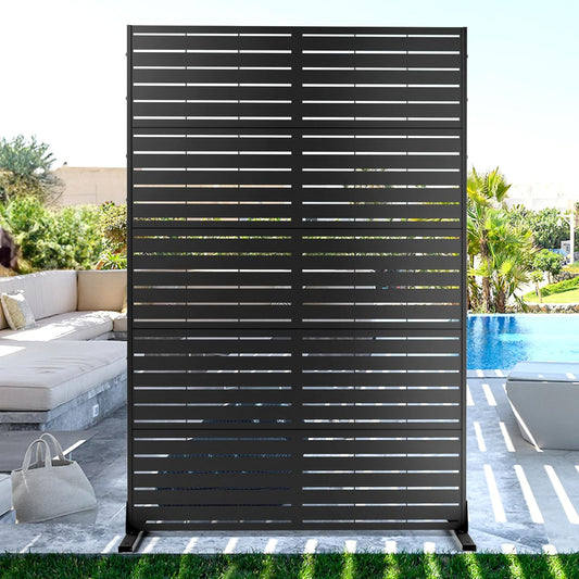 FENCY Metal Privacy Screen with Stand 72" H×44" W Outdoor Freestanding Privacy Panels, Outdoor Privacy Screen for Deck Patio Balcony(Black-Louvered)