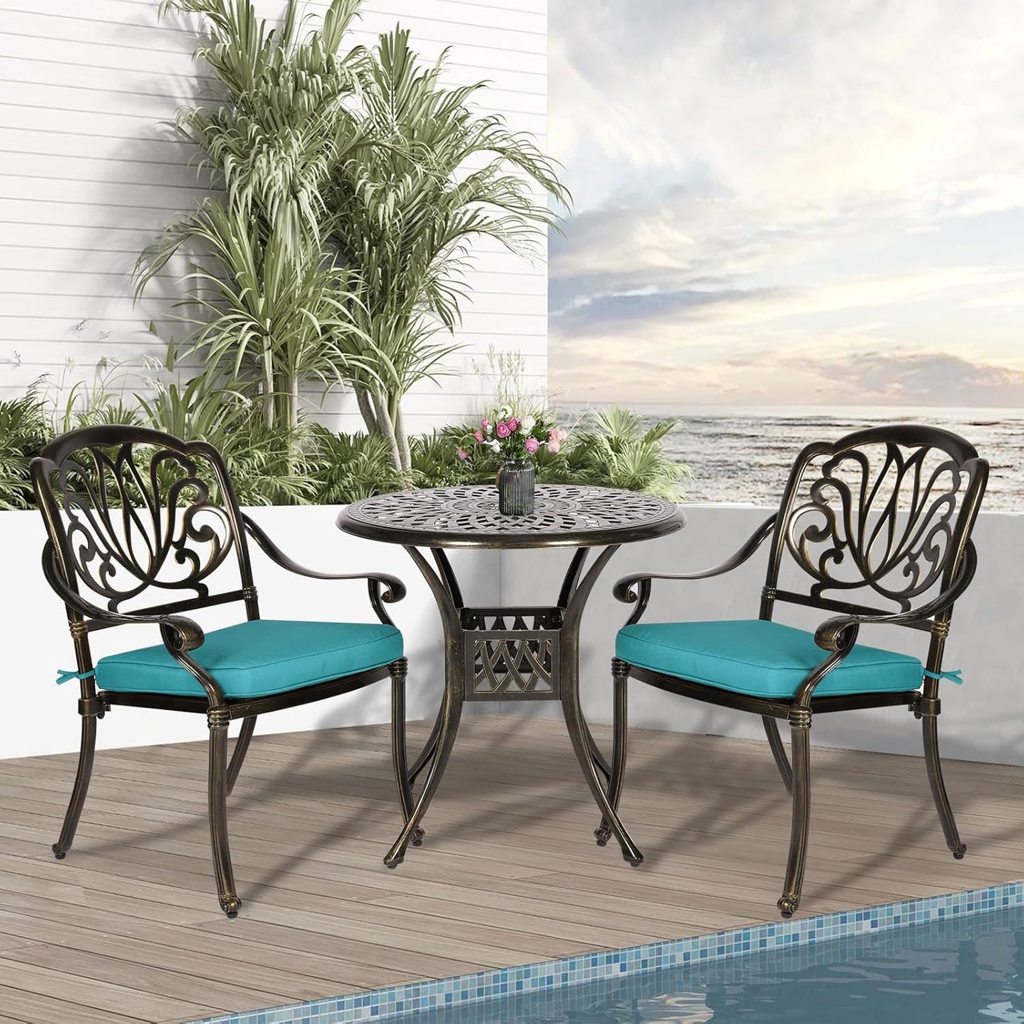 3-Piece Outdoor Patio Dining Set, All-Weather Cast Aluminum Patio Furniture Set for Backyard Garden Deck with 2 Cushioned Chairs and 31” Round Table, 2" Umbrella Hole, Ocean Blue