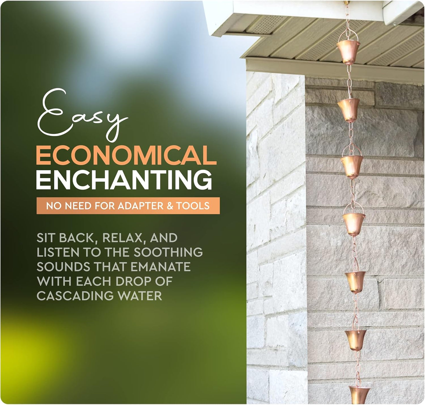 Copper Rain Chain – Decorative Chimes & Cups Replace Gutter Downspout & Divert Water Away from Home for Stunning Fountain Display – 6.5’ Long for Universal Fit – Bell Style