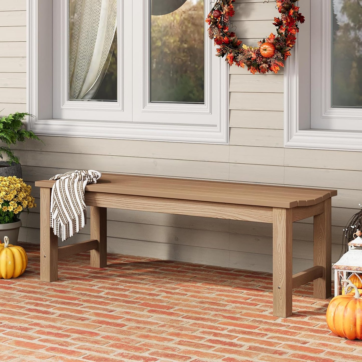 Outdoor Bench Set of 2, 2-Person Patio Backless Benches, HIPS Weatherproof Garden Bench That Never Rot and Fade, Suit for Backyard, Church, Patio, Deck and Entryway (Teak)