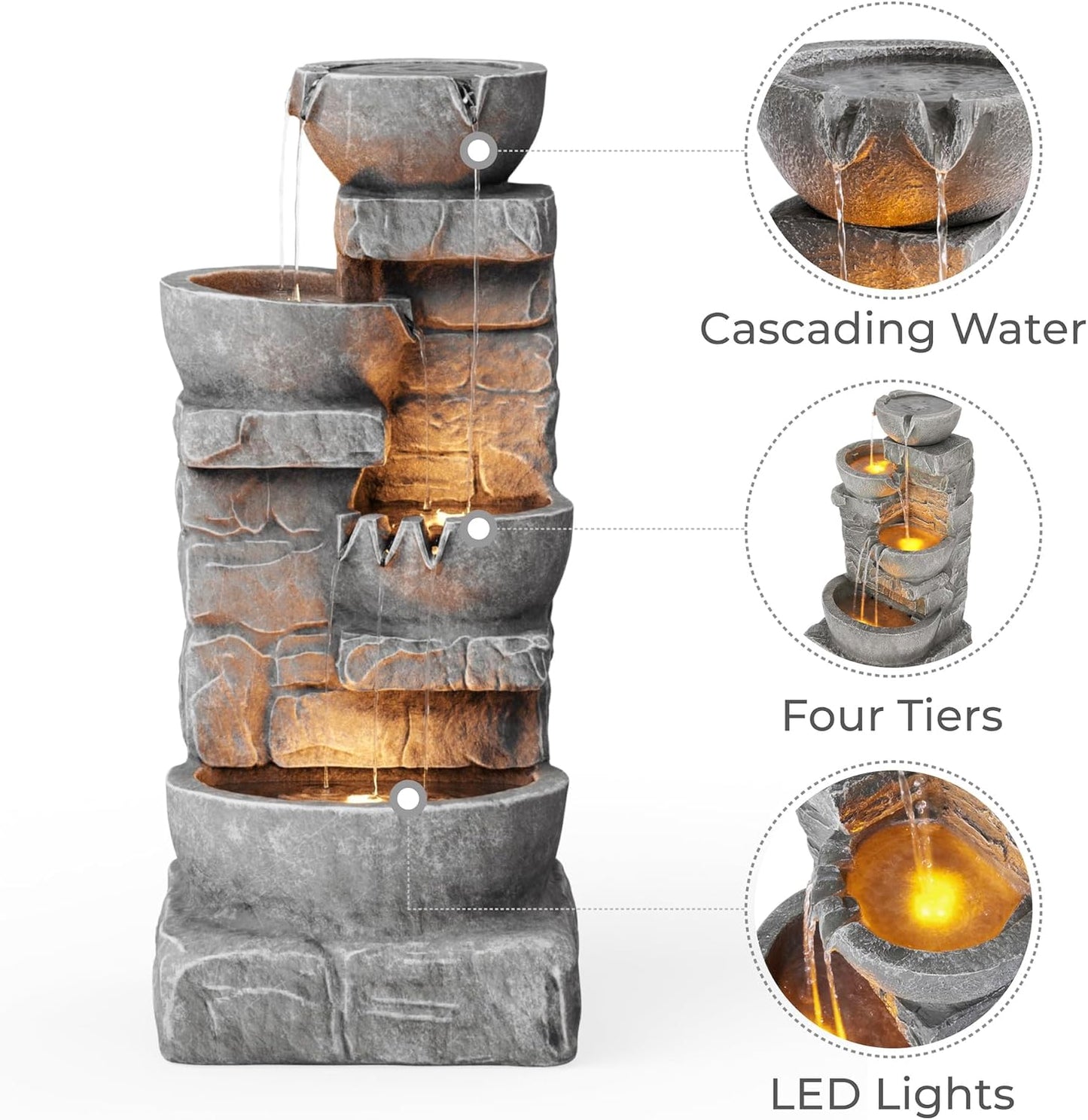 Teamson Home 33.25 in. Cascading Bowls and Stacked Stones LED Outdoor Water Fountain for Gardens, Landscaping, Patios, Balconies, and Lawns for a Calming Oasis in Outdoor Living Spaces, Stone Gray