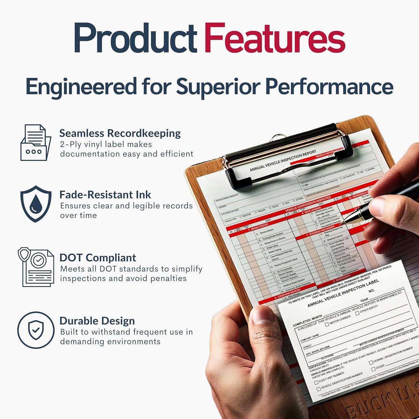 25 Pack Buck Annual Vehicle Inspection Label, 2-Ply Adhesive Vinyl with Mylar Laminate, FMCSA & DOT Compliant, Weatherproof, Tear Resistant, Easy to Write On, 5" x 4" - Made in USA