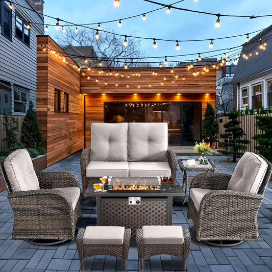 HUMMUH 7-Piece Patio Furniture Set with Fire Pit,Wicker Patio Glider Loveseat Outdoor Swivel Rocker Chairs with Ottomans for Backyard,Poolside,Deck