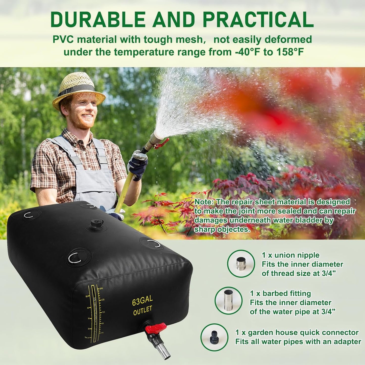 240L/63 Gal Water Bladder with Water Level Indicator, PVC Foldable and Portable Water Tank with 3 Connectors and Overflow Kit, Ideal for RV, Camping, Rainwater Collecting,Planting Watering