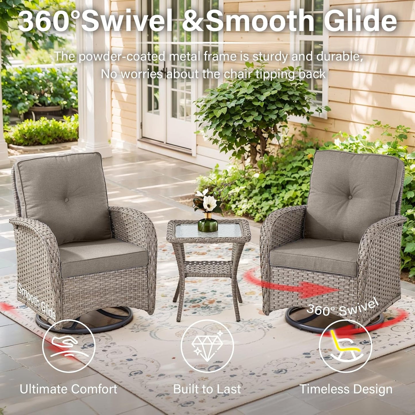 5 Pieces Wicker Patio Furniture Set - Swivel Rocker Outdoor Chairs with Ottomans and Side Table, Small Patio Conversation Set for Deck Porch Backyard