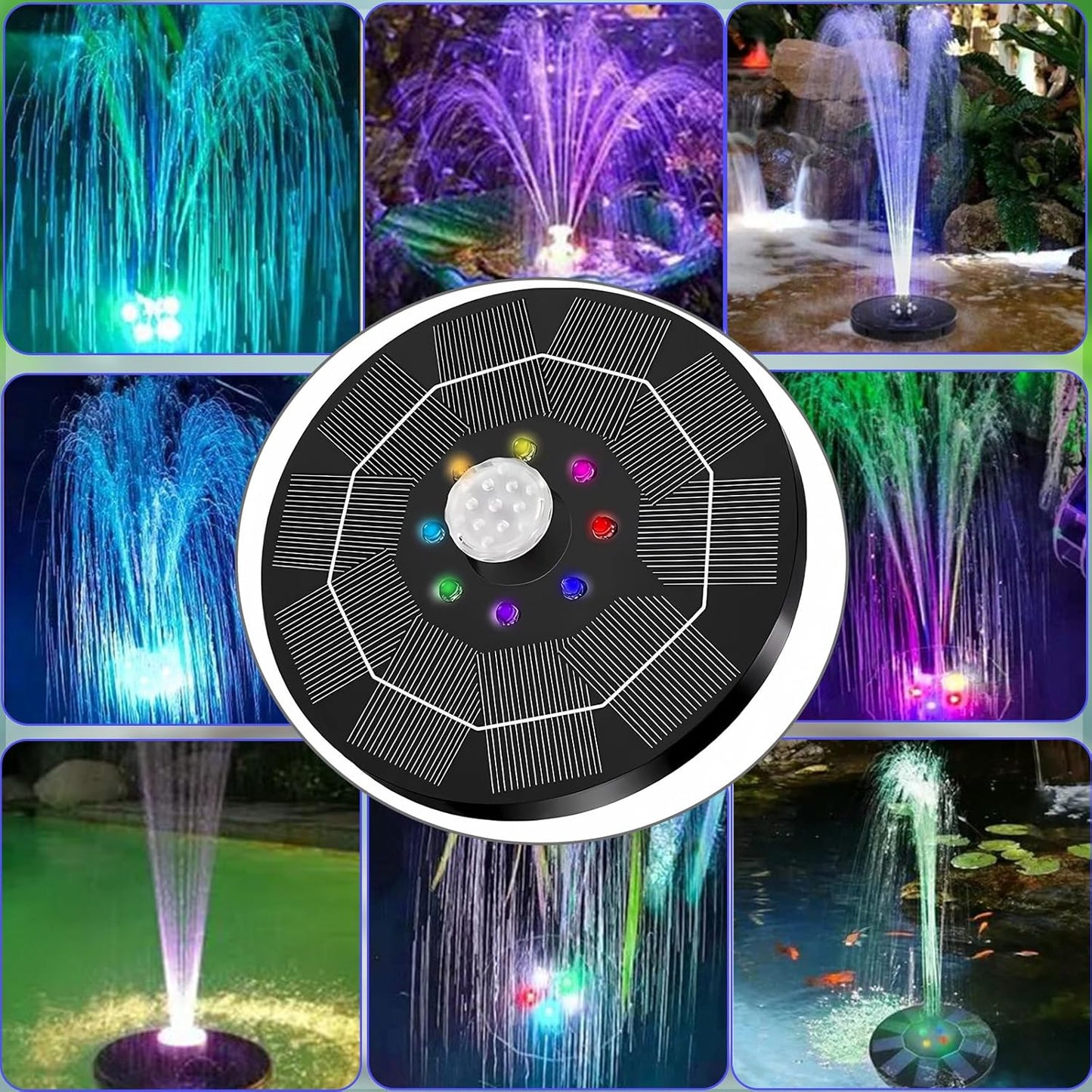 Solar Powered Fountain Pump for Bird Bath, Garden, Pond & Outdoor Decor - 7 Nozzles, 4 Fixers, Colorful LED Lights, Upgraded Glass Panel, Small Water Fountain for Fish Tank & Swimming Pool