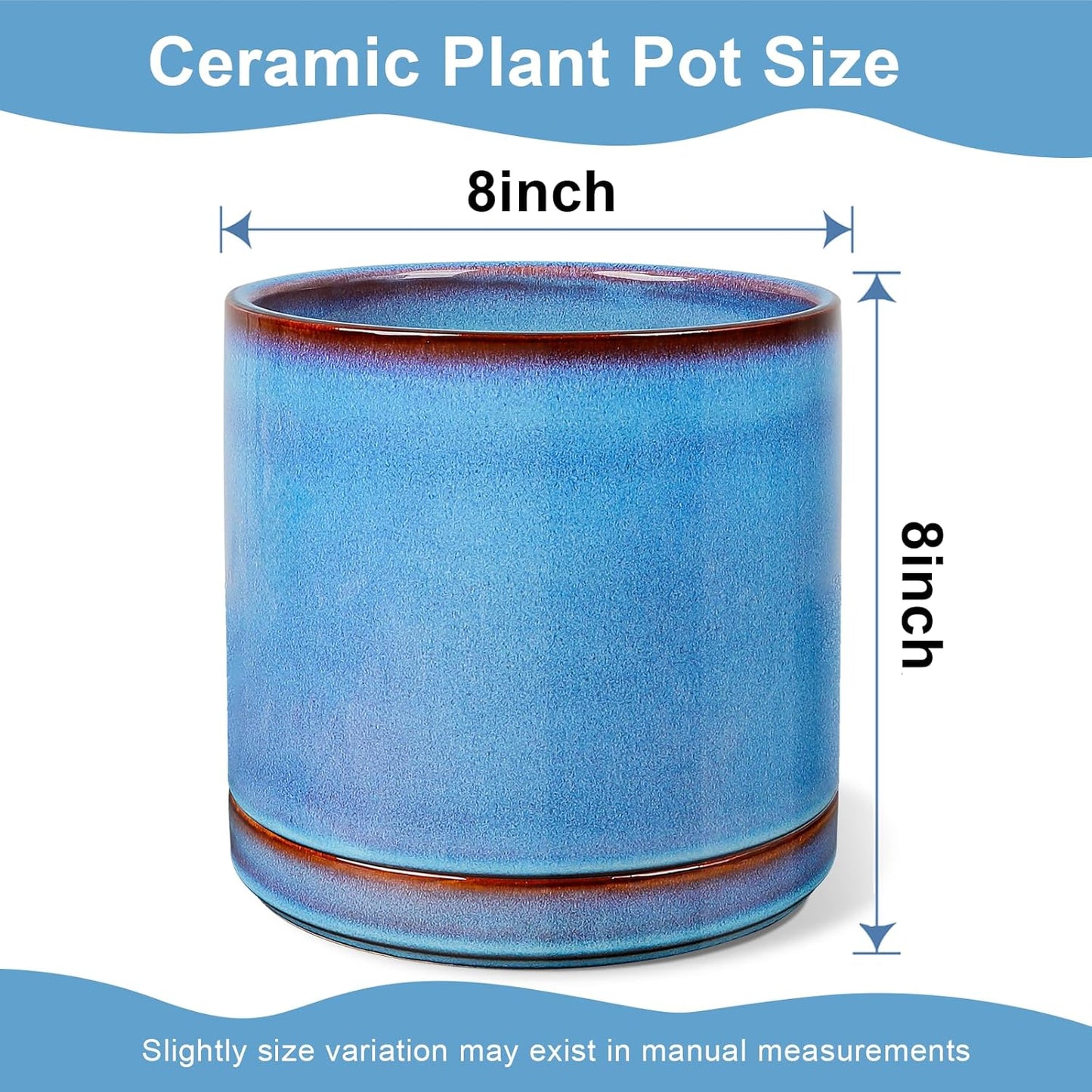 EFISPSS Ceramic Planter 8 Inch, Ceramic Plant Pots with Drainage Hole and Saucer, Indoor Modern Flower Pot for Home and Office Flower Pot - Blue