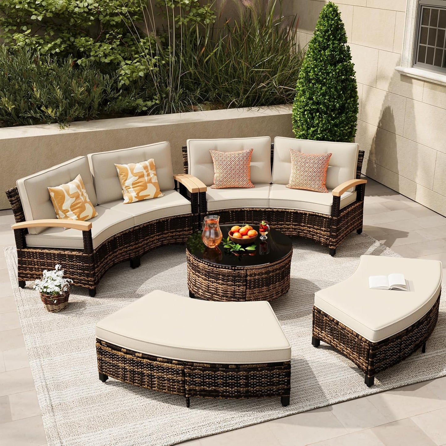 8 Piece Outdoor Patio Furniture Set, Half-Moon Curved Sectional Set with Wood Armrests, 2 Half-Moon Ottomans, Round Table (Brown)