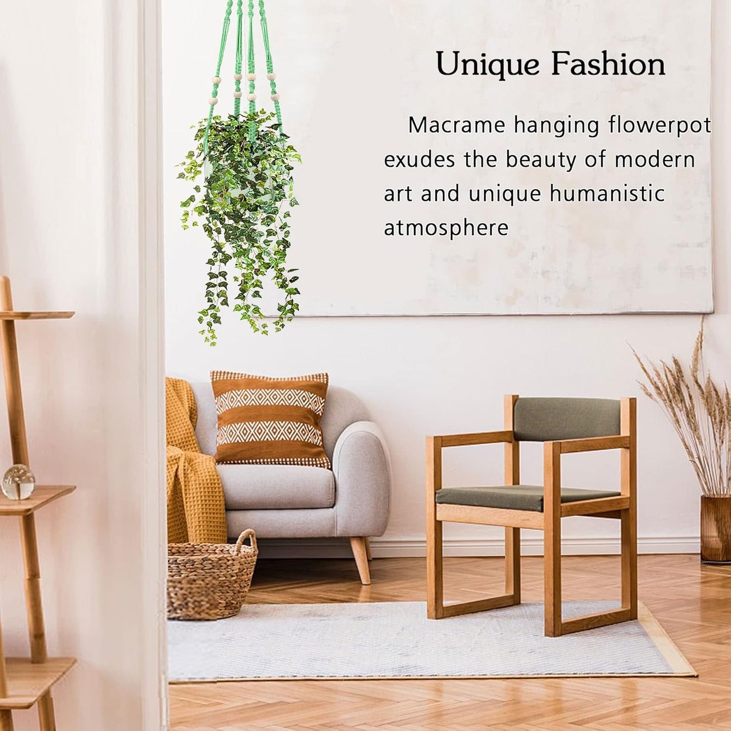 Augshy Macrame Plant Hangers Green Hanging Planters for Indoor Outdoor Home Decor, Hanging Plant Holder No Tassels Set of 2 with 4 Hooks