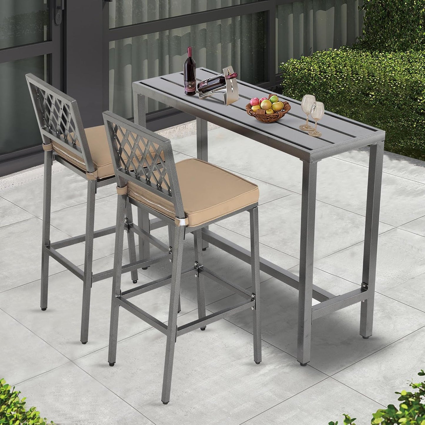 3-Piece Outdoor Patio Bar Set, Bar Height Patio Dining Set, Weather-Resistant Bistro Counter Pub Set with Cushions & Slatted Tabletop for Backyard, Garden, Yard