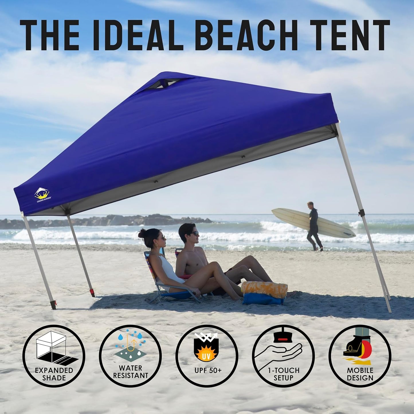 CROWN SHADES 10x10 Pop Up Canopy - Beach Tent with One Push Setup - Easy Outdoor Sun Shade for Events, Parties, Camping - Gazebo with STO-N-Go Cover Bag, Silver Coated Top, Navy Blue