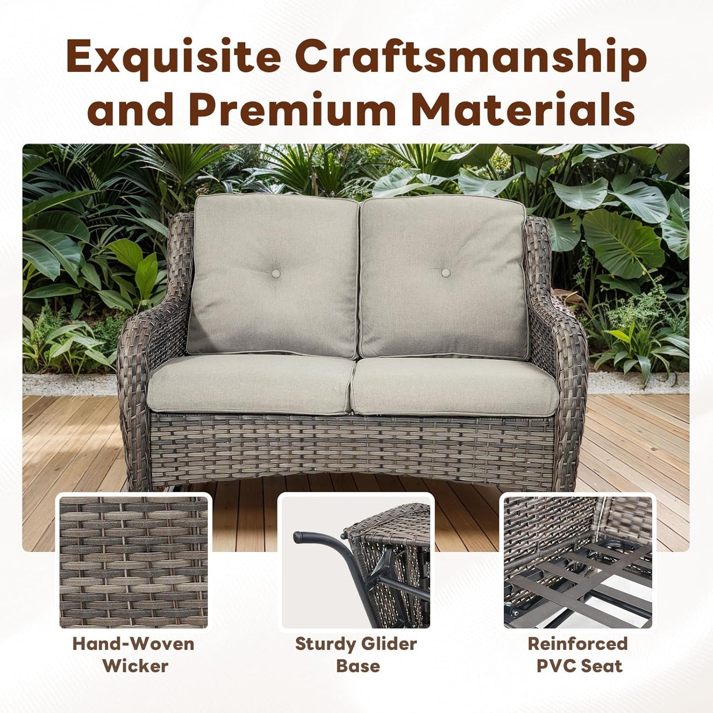 Spacious Outdoor Glider Bench - 500 LBS Weight Capacity Small Loveseat, 2 Seater Patio Gliders Furniture All Weather Wicker Couch with Removable Cushion for Deck Sunroom Balcony Backyard